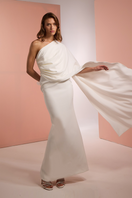 White crepe maxi dress with matching scarf by Joanna Andraos, flowing elegant style perfect for sophisticated occasions.