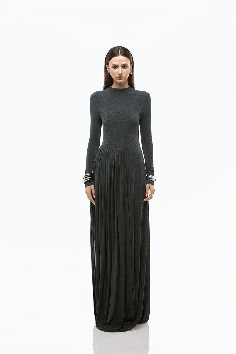 Gray light twinkle jersey spandex maxi dress by EEGEN STUDIO, featuring a fitted silhouette and elegant design.