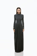 Gray light twinkle jersey spandex gown by EEGEN STUDIO, featuring a sleek, fitted design with subtle shimmer fabric.