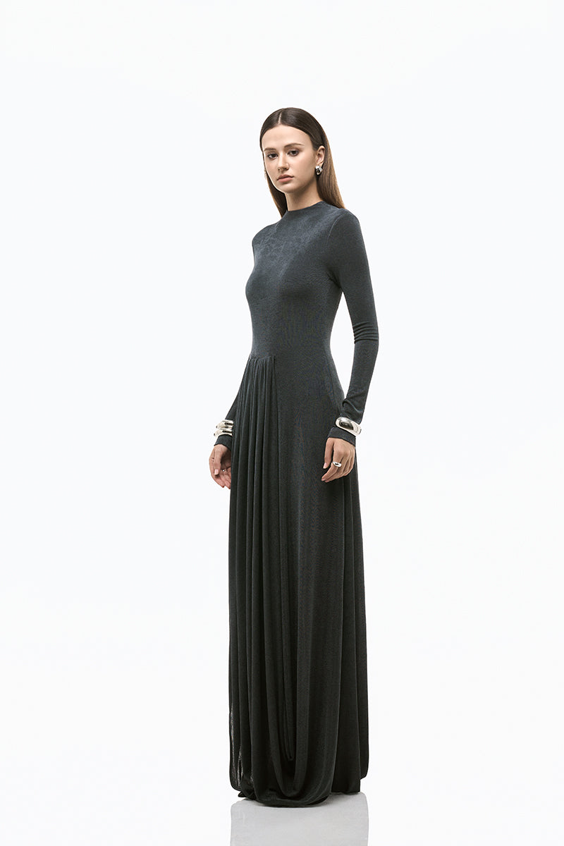 Gray light twinkle jersey spandex gown from EEGEN Studio featuring a fitted silhouette and elegant design.