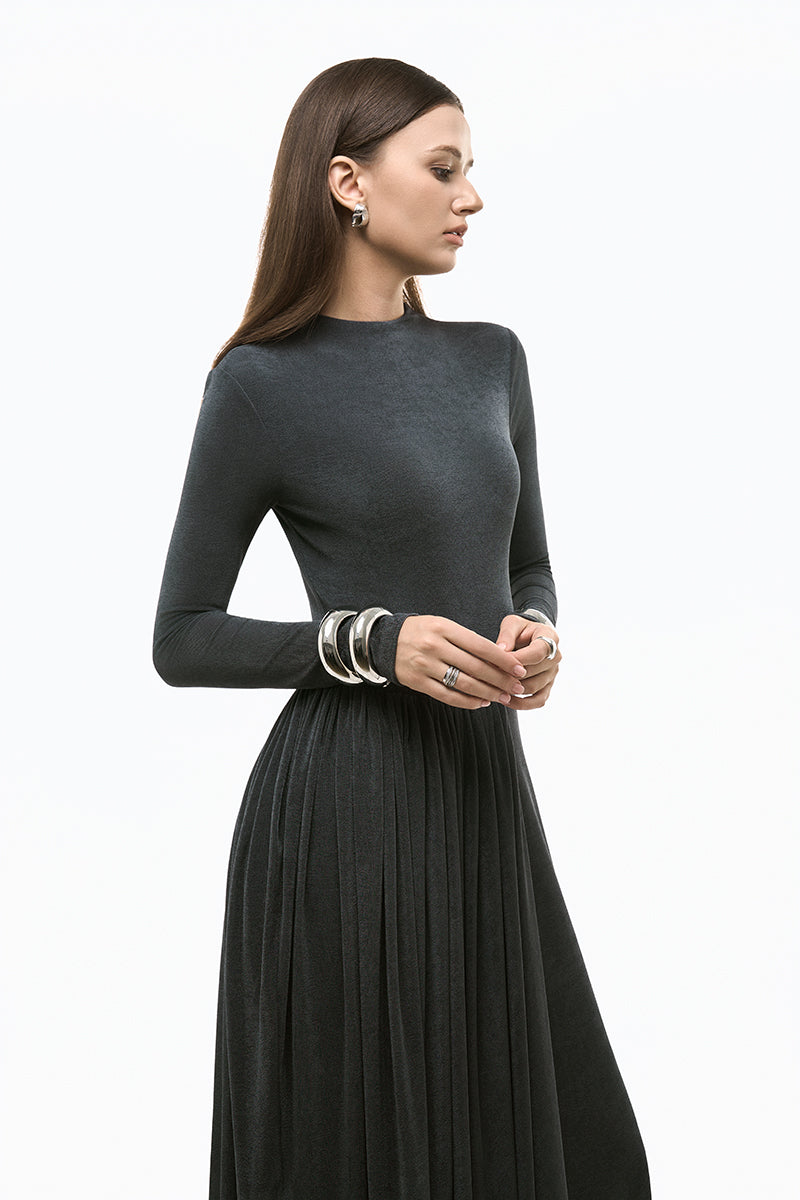 Gray light twinkle jersey spandex maxi dress by EEGEN STUDIO, featuring a fitted silhouette and elegant design.