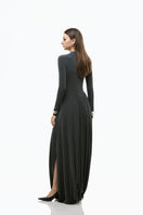 Gray light twinkle jersey spandex gown by EEGEN STUDIO, featuring a fitted silhouette and elegant design.