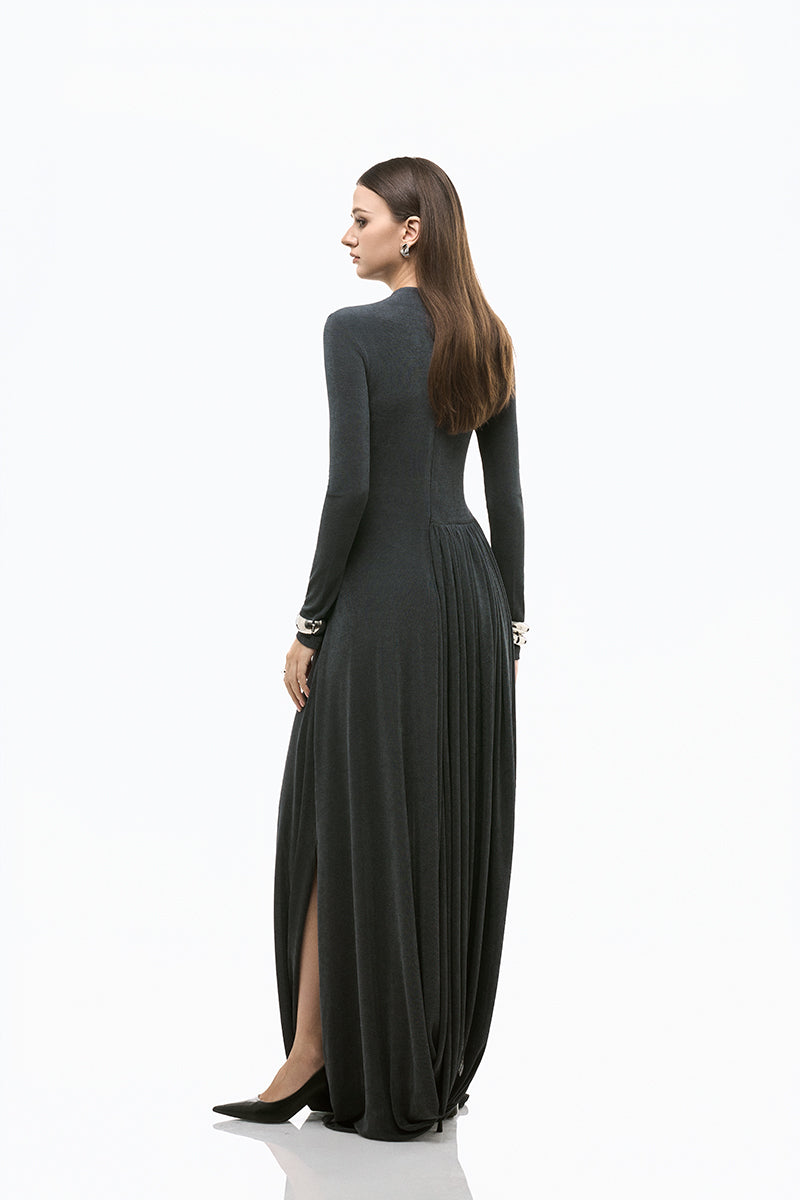 Gray light twinkle jersey spandex gown by EEGEN STUDIO, featuring a fitted silhouette and elegant design.