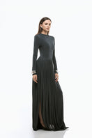Gray lightweight twinkle jersey spandex gown by EEGEN Studio, featuring a sleek, fitted silhouette and subtle shimmer details.