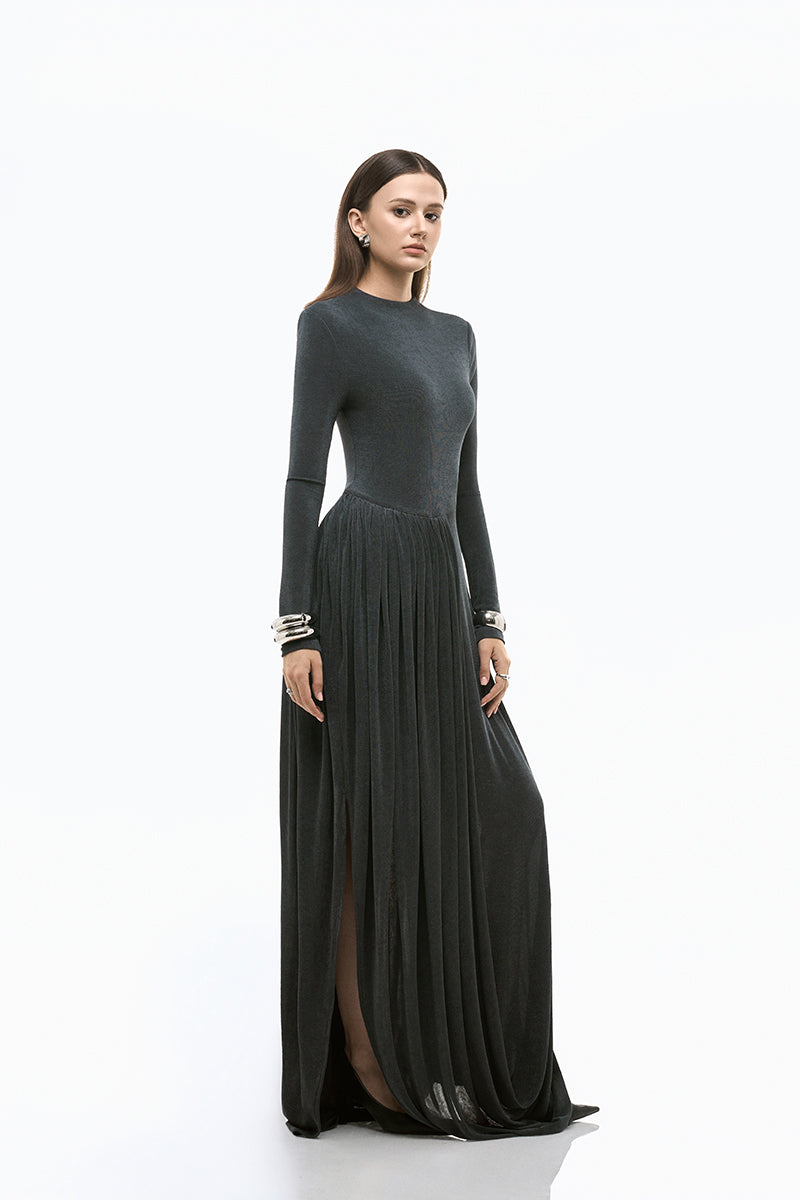 Gray lightweight twinkle jersey spandex gown by EEGEN Studio, featuring a sleek, fitted silhouette and subtle shimmer details.