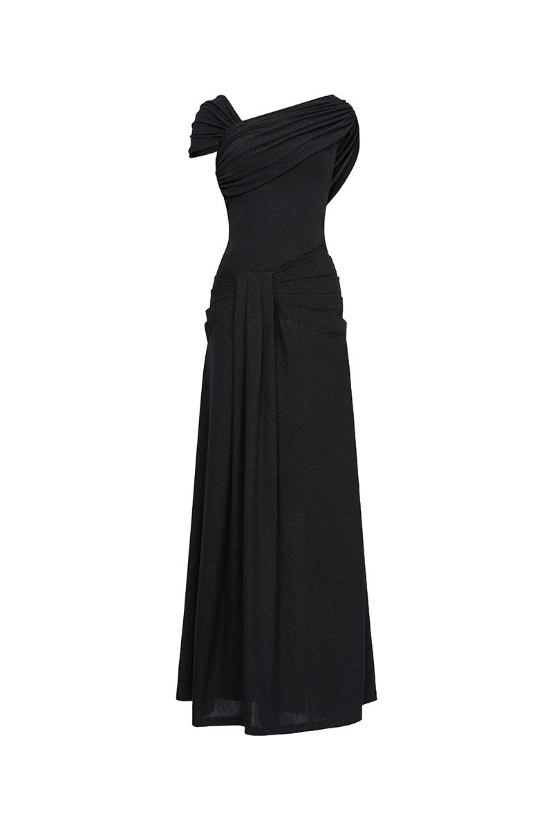 Black spandex knit maxi dress from EEGEN STUDIO, showing a fitted, sleeveless design with a high neckline and flowing length.