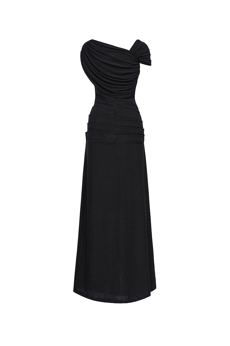 Black spandex knit maxi dress by EEGEN STUDIO featuring a fitted silhouette and long sleeves, perfect for stylish everyday wear.