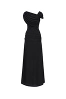 Black spandex knit maxi dress by EEGEN STUDIO, featuring a fitted silhouette and long sleeves, perfect for elegant casual wear.
