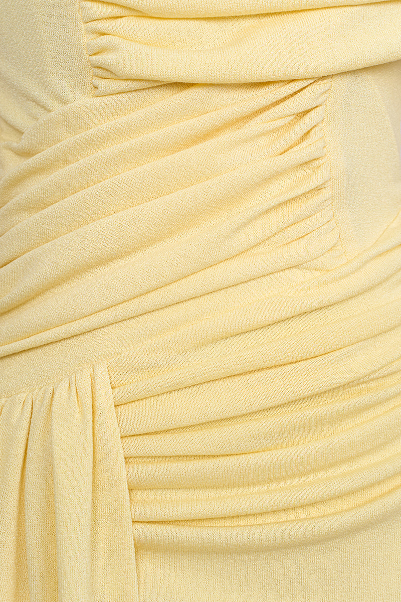 Yellow spandex light knit maxi dress by EEGEN STUDIO, featuring a fitted silhouette and casual, comfortable style.