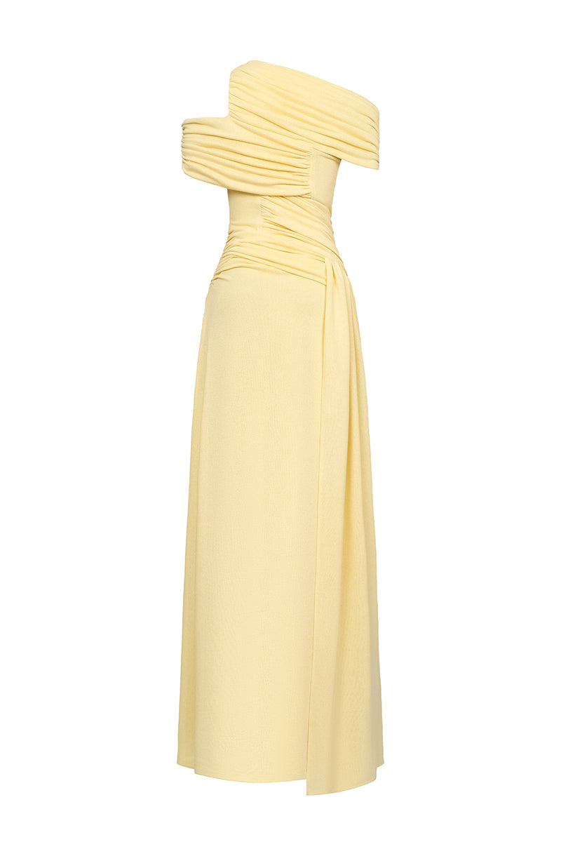 Yellow spandex light knit maxi dress by EEGEN STUDIO featuring a fitted silhouette and soft, stretchy fabric.