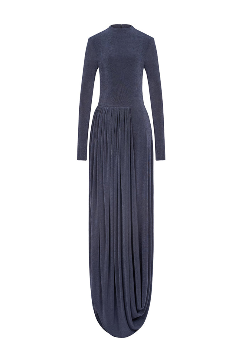 Gray light twinkle jersey spandex gown by EEGEN STUDIO featuring a fitted silhouette and subtle shimmering fabric.