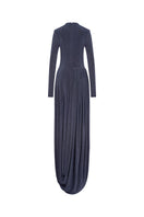 Gray light twinkle jersey spandex gown by EEGEN STUDIO, featuring a sleek, fitted design with a subtle shimmer.
