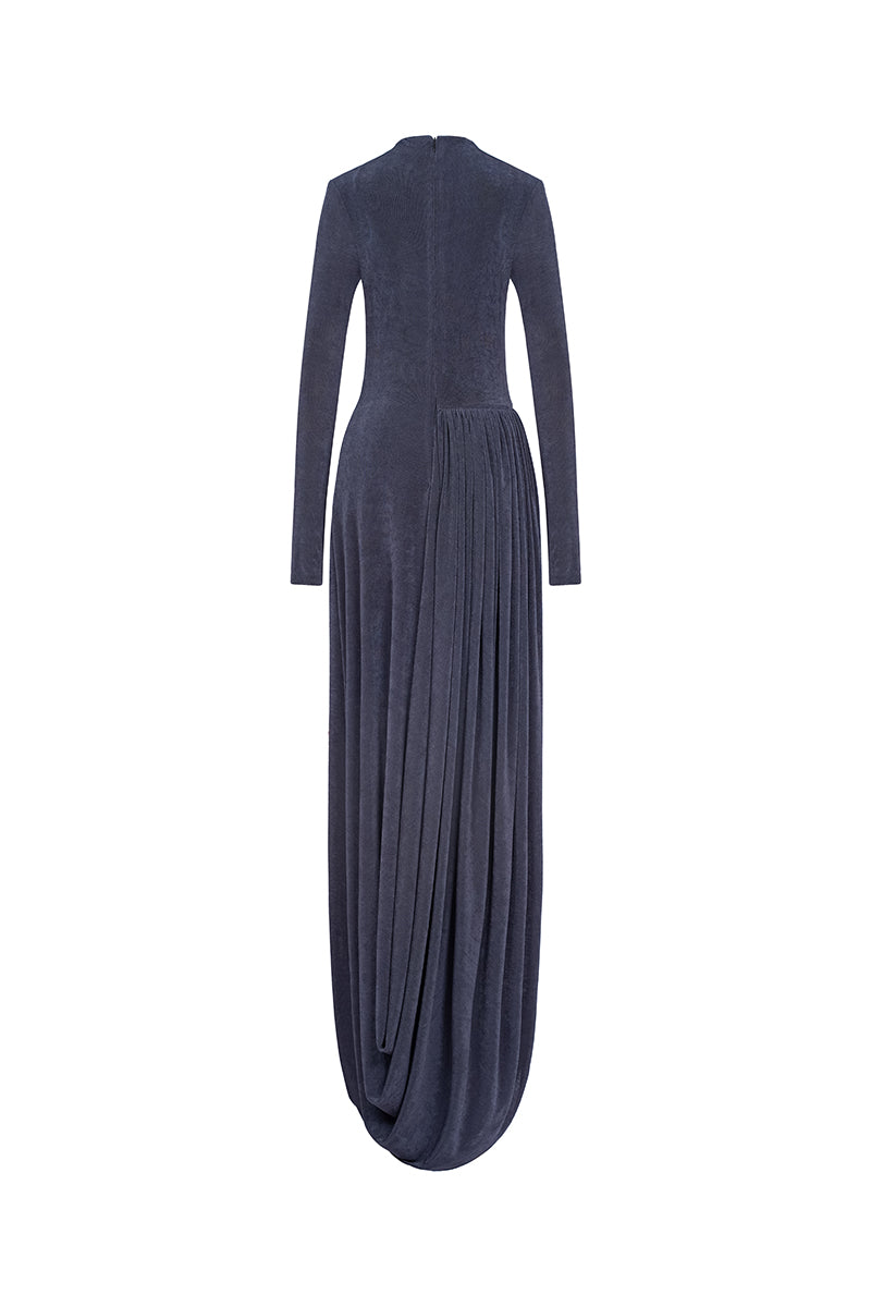 Gray light twinkle jersey spandex gown by EEGEN STUDIO, featuring a sleek, fitted design with a subtle shimmer.