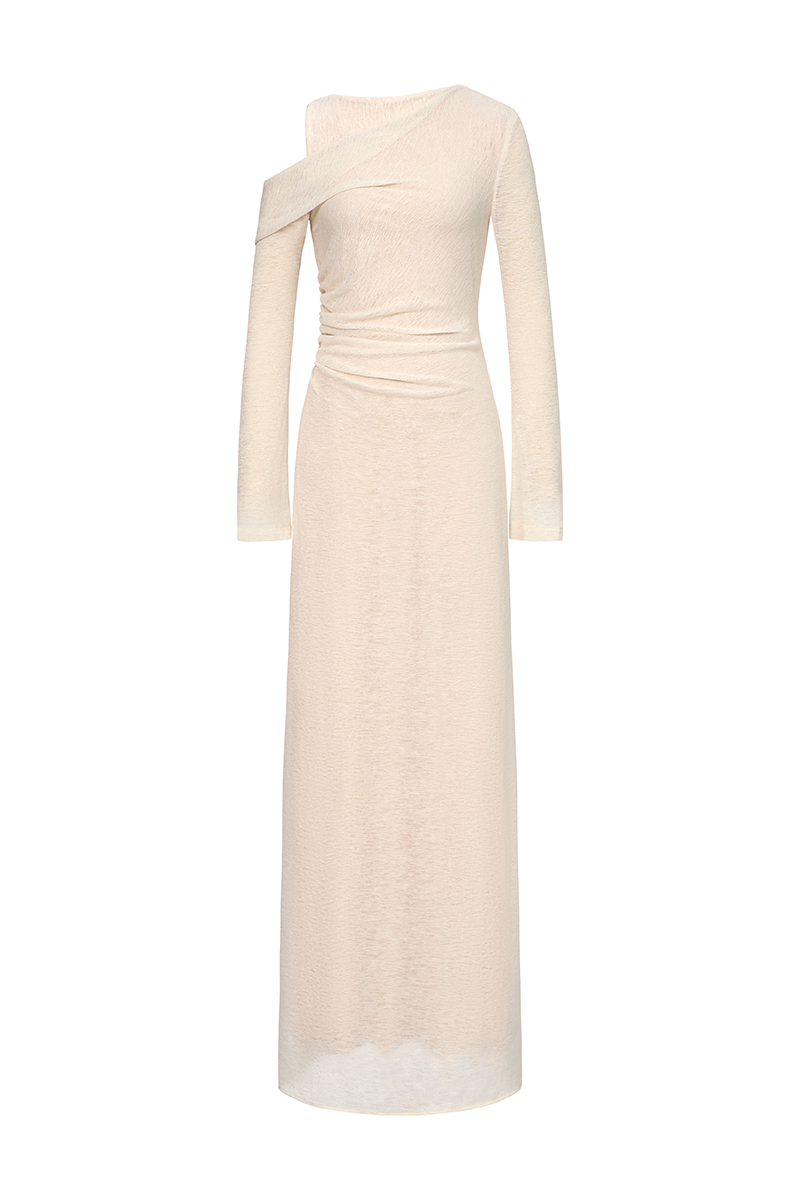 White iridescent maxi dress by EEGEN STUDIO featuring flowing fabric and elegant design, perfect for formal or special occasions.