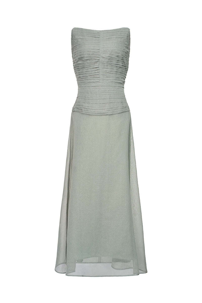 Gray Floss Sheer Silk Maxi Dress by EEGEN STUDIO, flowing fabric with elegant, lightweight design for sophisticated style.