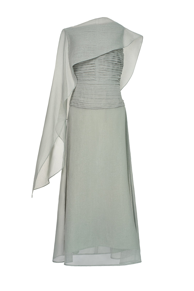 Gray Floss Sheer Silk Maxi Dress by EEGEN STUDIO, flowing fabric with elegant silhouette and subtle sheen.