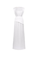 White taffeta silk gown by EEGEN STUDIO, featuring elegant fabric and a flowing silhouette, perfect for formal occasions.