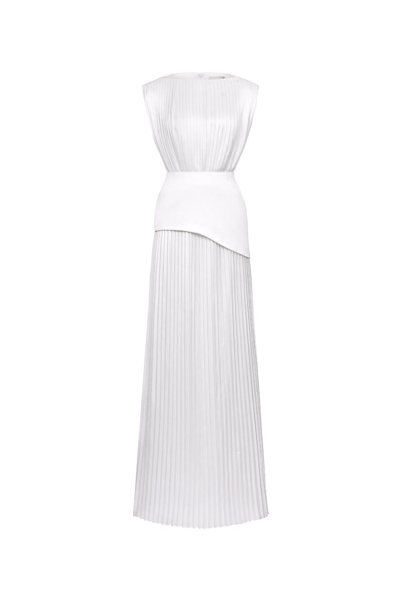 White taffeta silk gown by EEGEN STUDIO, featuring elegant fabric and a flowing silhouette, perfect for formal occasions.