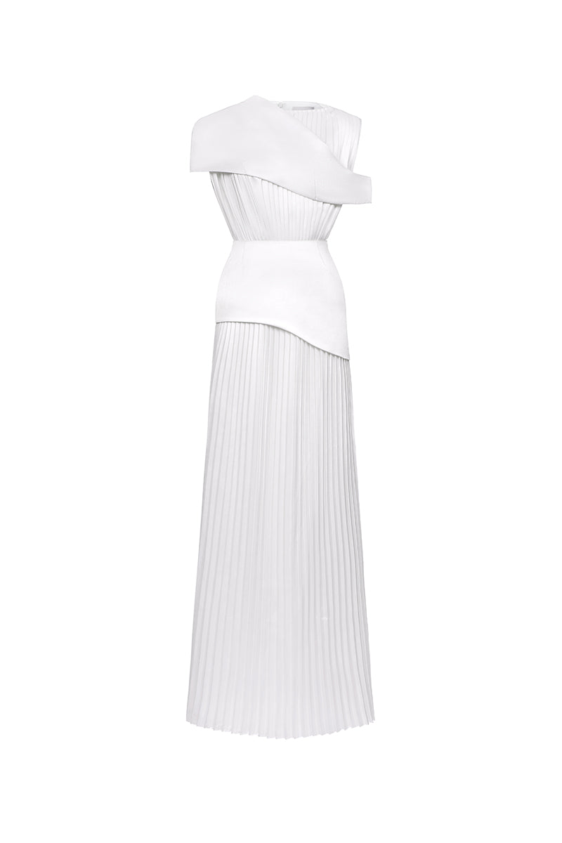 White taffeta silk gown by EEGEN STUDIO, showcasing elegant fabric and classic design, perfect for formal occasions.