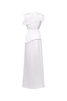 White taffeta silk gown by EEGEN STUDIO, featuring elegant fabric and flowing silhouette, perfect for formal occasions.