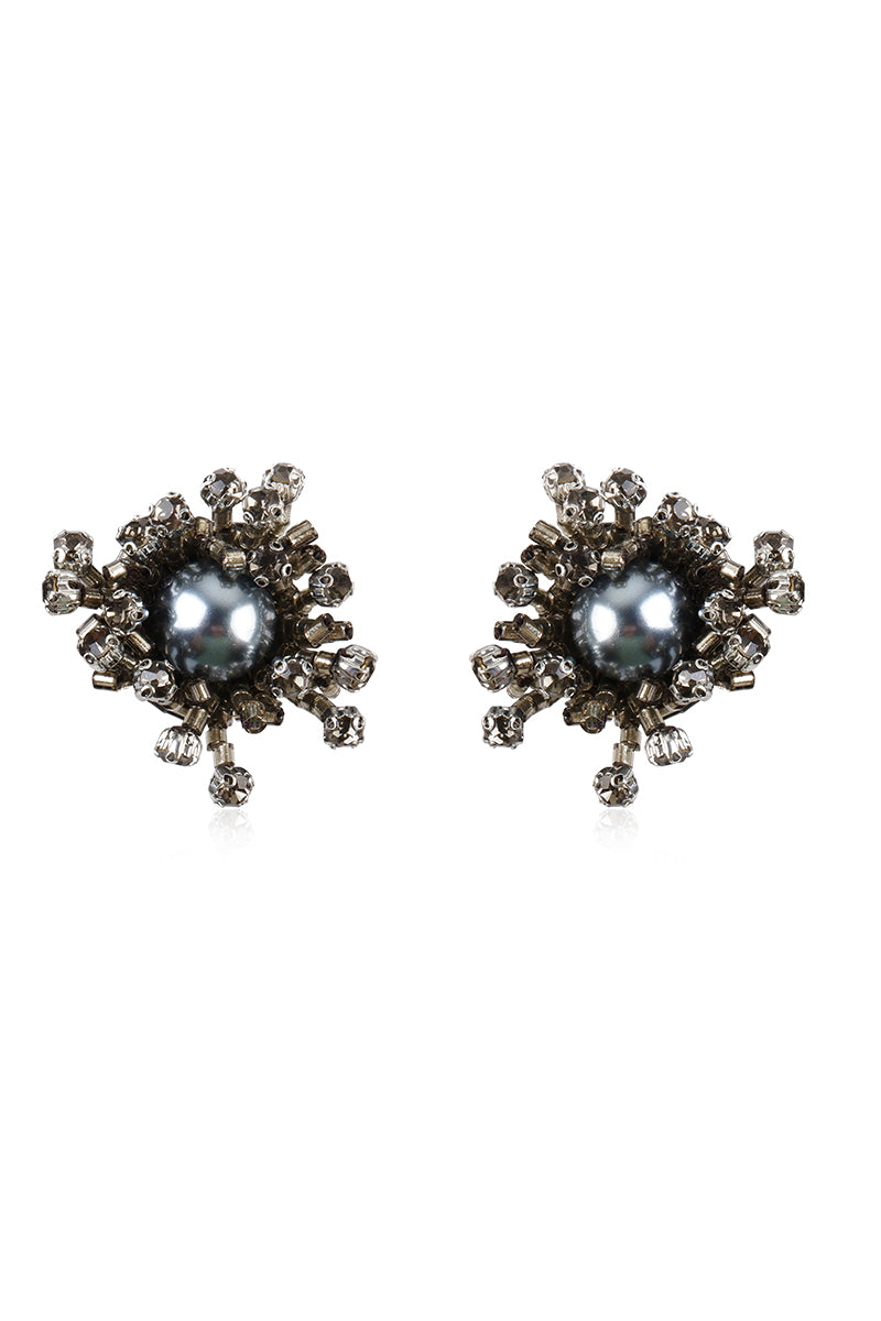 A pair of GREYN LUSH earrings by Aidan & Ice, featuring elegant design with grey lush accents and silver hooks.
