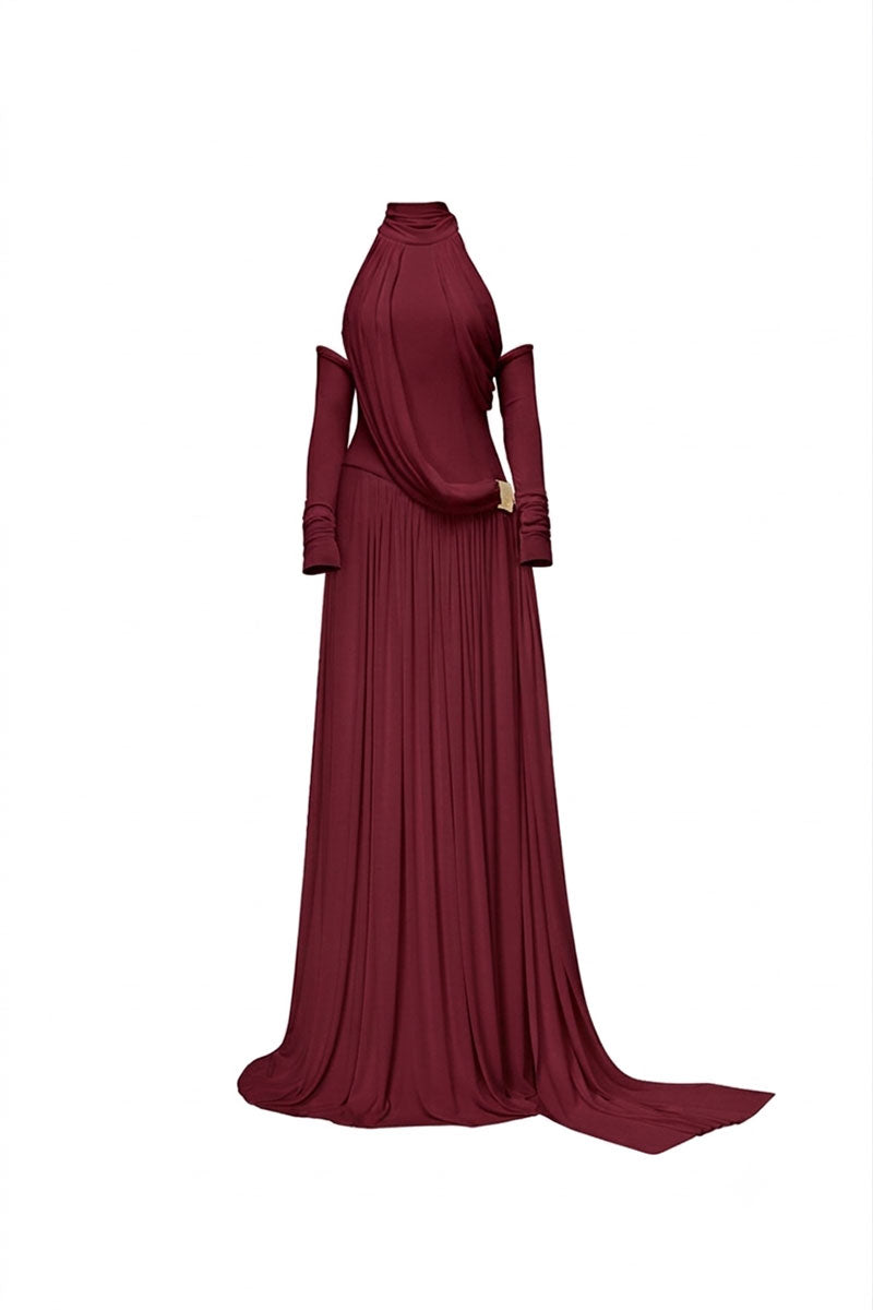 Jenny K Tran EIRA Burgundy gown featuring elegant fabric and tailored design, perfect for formal occasions.