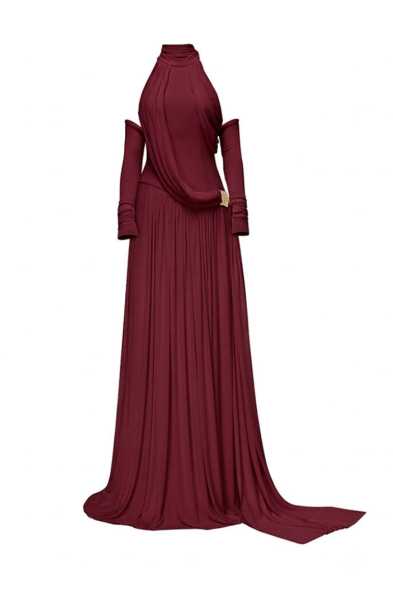 Jenny K Tran EIRA Burgundy gown featuring elegant fabric and tailored design, perfect for formal occasions.