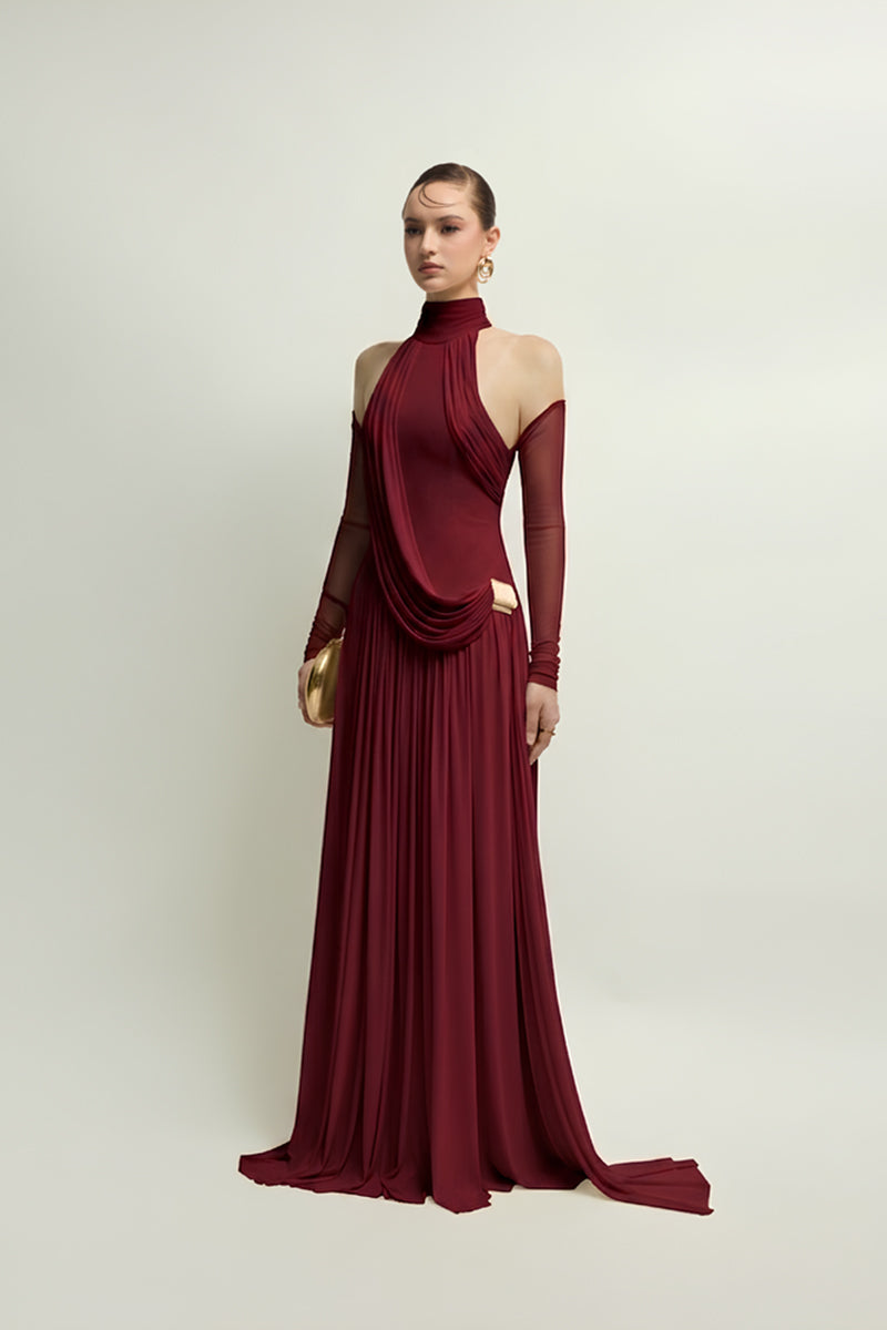 Elegant burgundy Eira gown by Jenny K Tran, flowing fabric and stylish design, perfect for formal occasions.