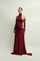 Elegant burgundy Eira gown by Jenny K Tran, flowing fabric and stylish design, perfect for formal occasions.