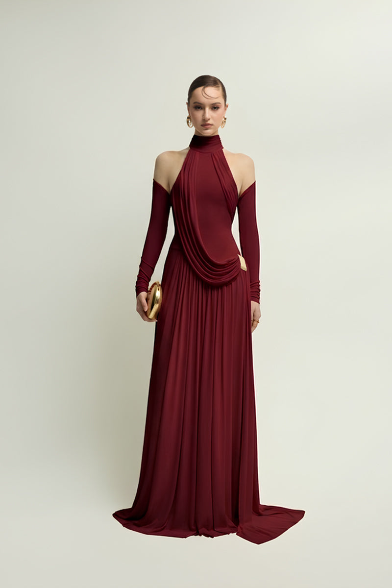 Elegant burgundy gown from Jenny K Tran's EIRA collection, showcasing flowing fabric and stylish design.