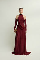 Elegant burgundy gown from Jenny K Tran's EIRA collection, showcasing flowing fabric and stylish design.