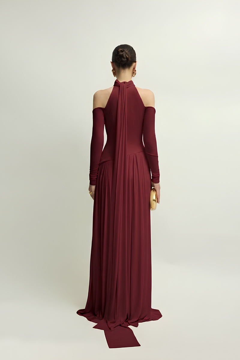 Elegant burgundy EIRA gown by Jenny K Tran, flowing fabric and sophisticated design perfect for formal occasions.