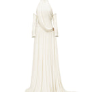Elegant ivory gown from Jenny K Tran's EIRA DRESS collection, featuring flowing fabric and a sophisticated design.