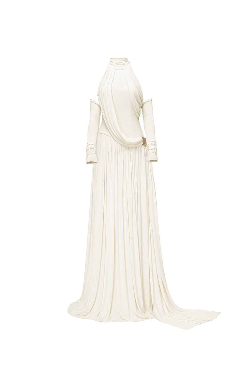 Elegant ivory gown from Jenny K Tran's EIRA DRESS collection, featuring flowing fabric and a sophisticated design.