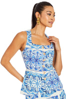 Mestiza New York Elena tailored top in azulejo blue, featuring a fitted design and elegant pattern, perfect for stylish outfits.