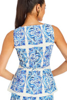 Mestiza New York Elena tailored top in Azulejo Blue, featuring a stylish fit and vibrant pattern, perfect for casual or dressy looks.