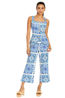 Mestiza New York Elena tailored top in Azulejo blue, featuring a stylish fit and vibrant pattern, shown from the front view.