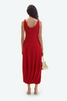 Red ELENAREVA maxi dress with a flowing design, sleeveless style, and V-neck, perfect for casual or formal occasions.