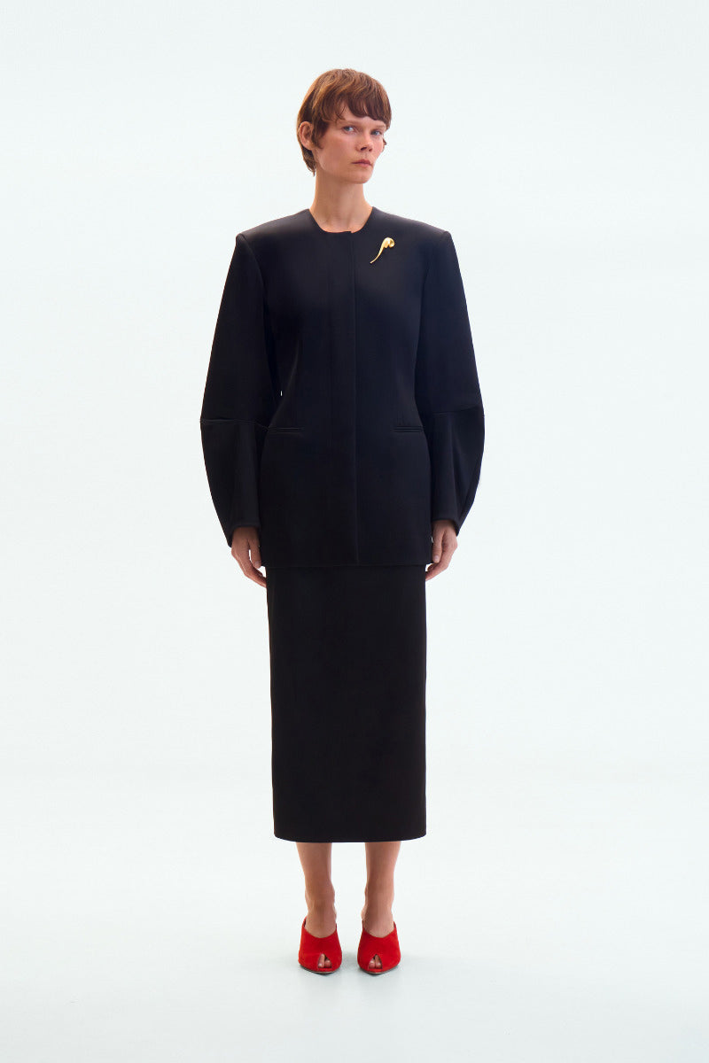 Black satin blazer by ELENAREVA, tailored jacket with a sleek satin finish, featuring a fitted design and classic lapel collar.