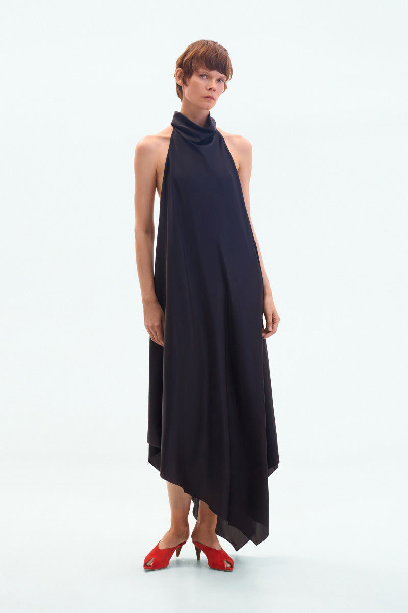 BLACK SILK BACKLESS MIDI DRESS