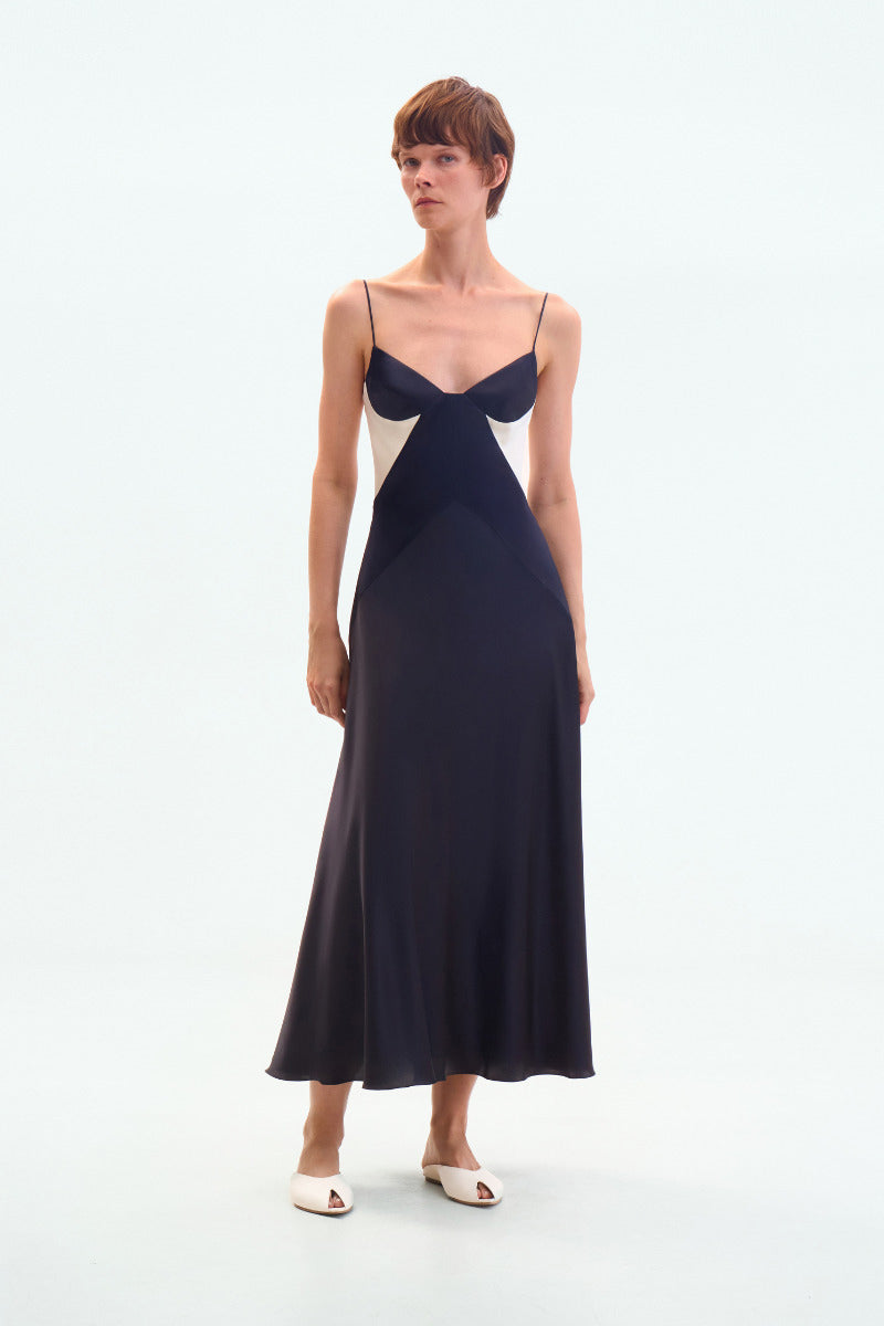 BLACK SILK MIDI DRESS WITH CREAM DETAILS