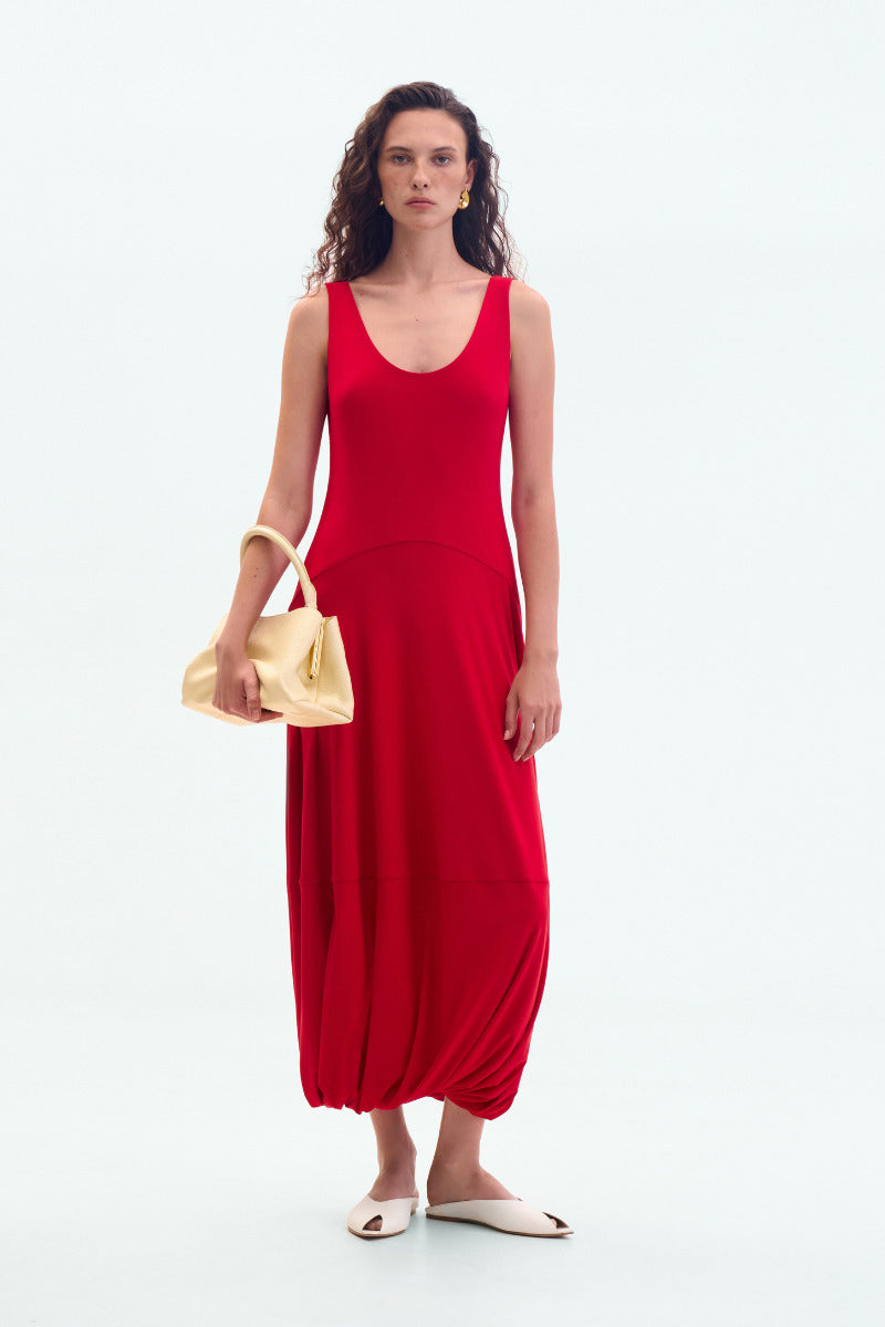 RED JERSEY MIDI DRESS