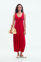 ELENAREVA red maxi dress with a flowing silhouette, featuring a sleeveless design and elegant length perfect for casual or formal wear.
