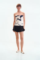 ELENAREVA cream corset top with black graphic line pattern, stylish sleeveless tops, fashion-forward design for modern outfits