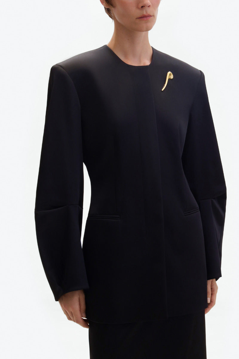 Black satin blazer by ELENAREVA, tailored jacket with sleek satin fabric and structured fit, shown on a neutral background.