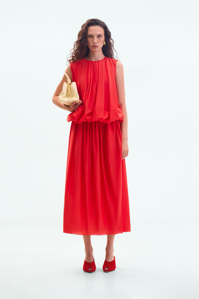 ELENAREVA red balloon midi dress displayed on a model, featuring a fitted waist and flowing skirt for elegant style.