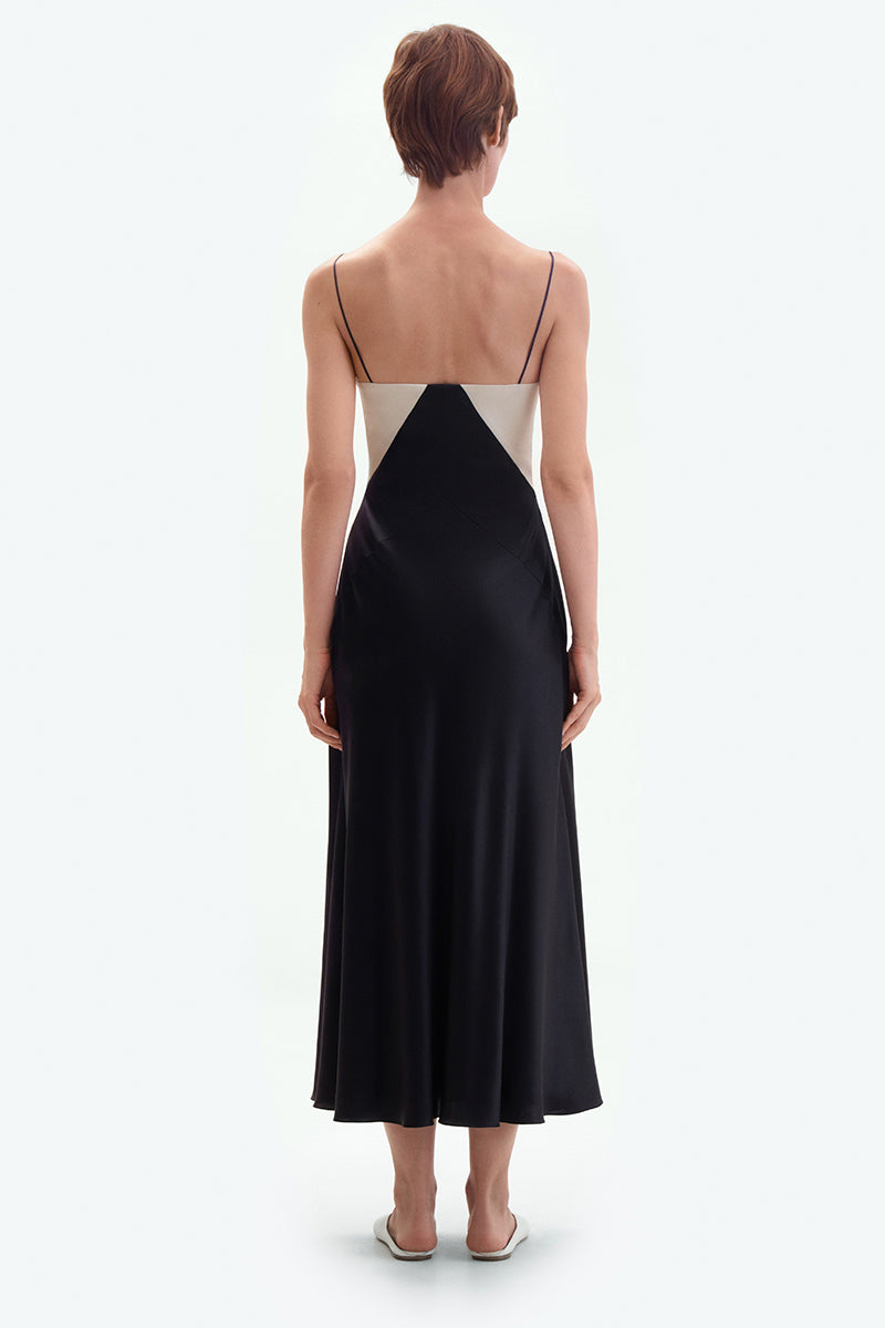 BLACK SILK MIDI DRESS WITH CREAM DETAILS | CULT MIA | ELENAREVA BLACK SILK MIDI DRESS WITH CREAM DETAILS | CULT MIA | ELENAREVA
