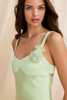 Scarlett Gasque Ella Mint Maxi Dress with flowing fabric and elegant design, shown in close-up detail.