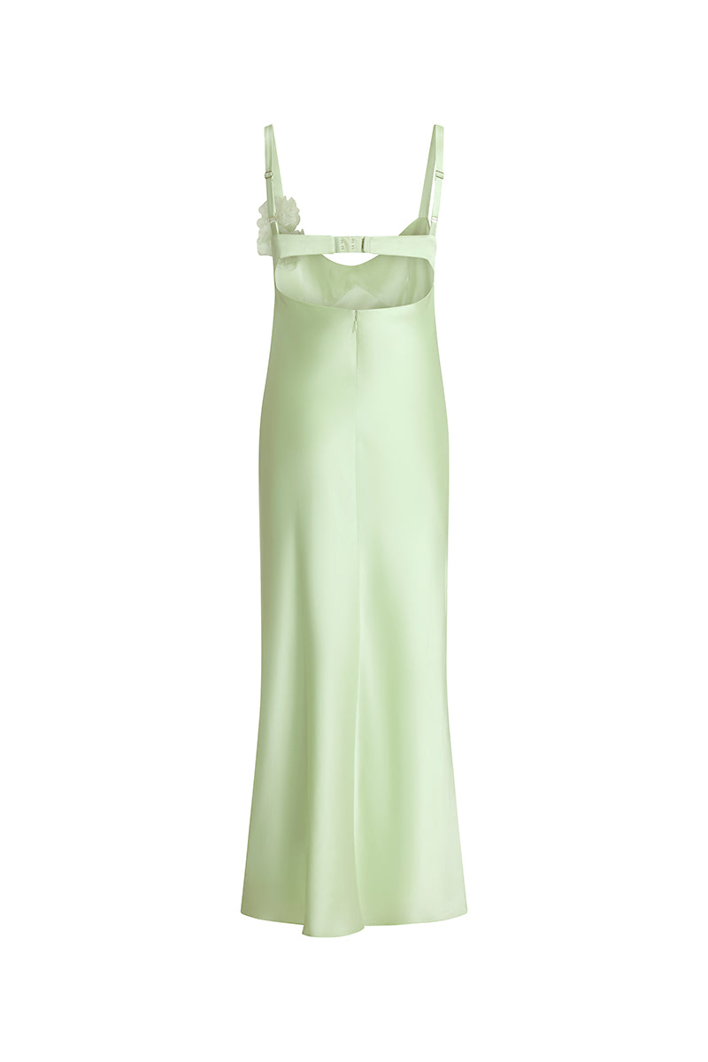 Mint green Ella dress by Scarlett Gasque, a stylish maxi dress with a flowing silhouette, shown from the front view.