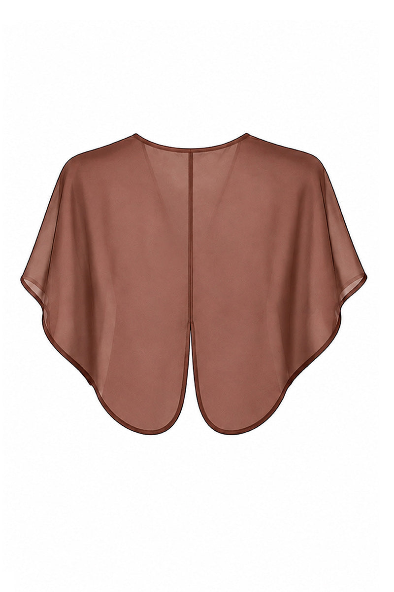 Chocolate brown Elva cape jacket by Moon Hakaan Yildirim, showing back view with flowing fabric and stylish design.